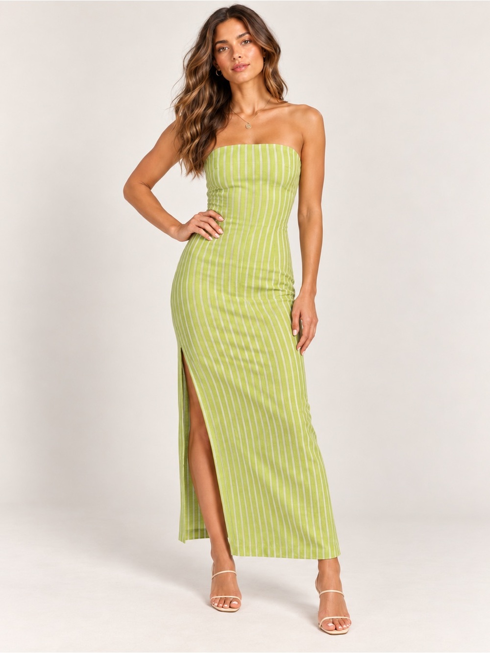 The Wolf Gang Linen Strapless Green and Blue Stripe Midi Dress with Side Slit SM